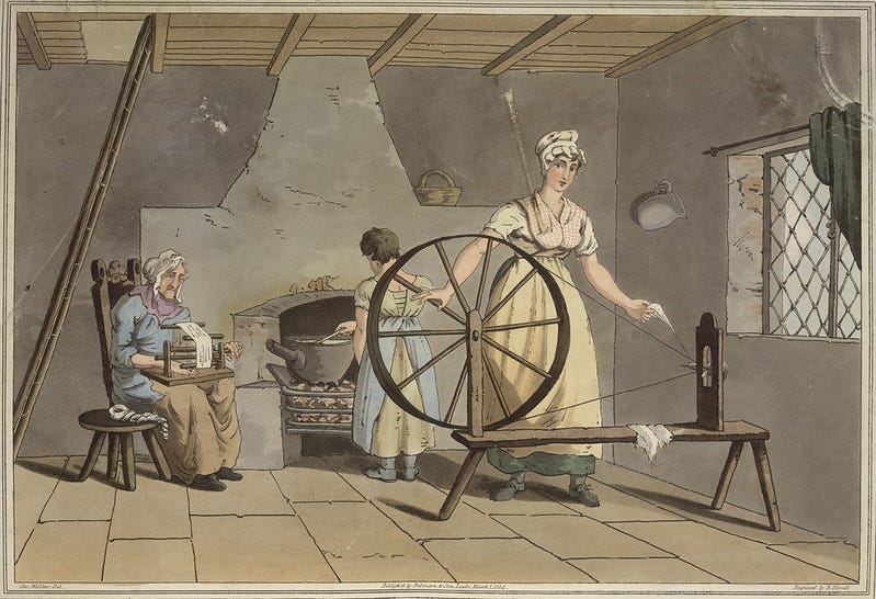 A woman spinning and carding wool. Image taken from The costume of Yorkshire illustrated by a series of forty Engravings, being facsimiles of original drawings, with descriptions in English and French. Originally published/produced in London, 1814. A woman spinning and carding wool. Image taken from The costume of Yorkshire illustrated by a series of forty Engravings, being facsimiles of original drawings, with descriptions in English and French. Originally published/produced in London, 1814.