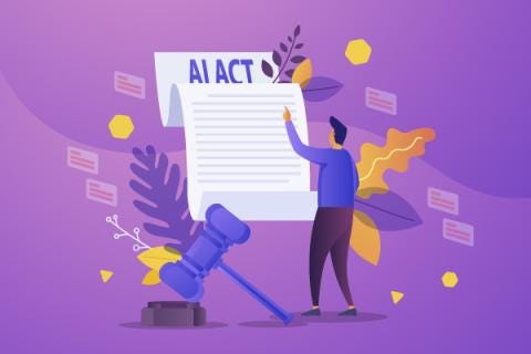 Graphic illustration of a person pointing to a document titled "AI ACT" next to a judge's gavel against a purple background.