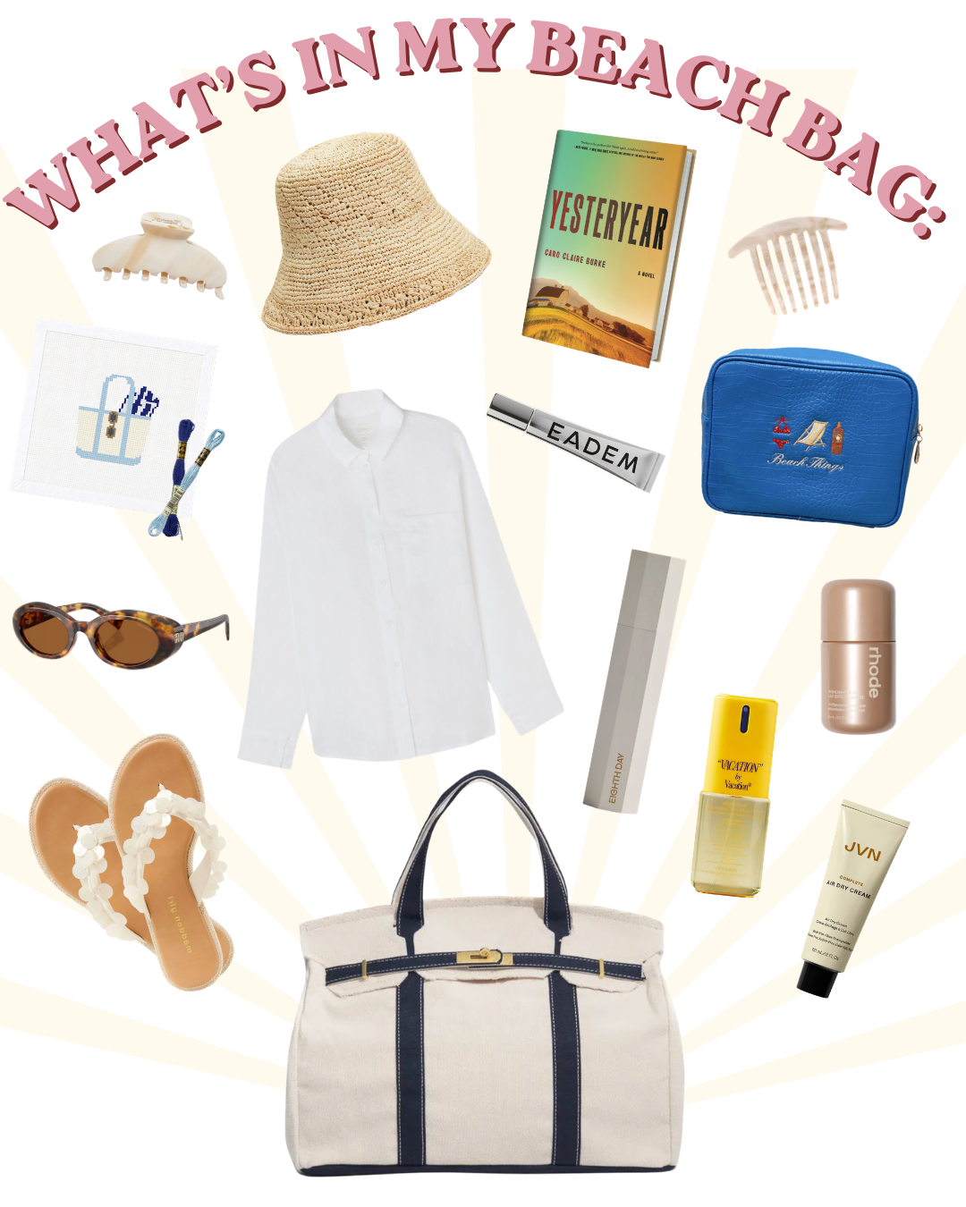 Products in Bella's beach bag, including a book, hat, beauty products, a linen shirt, and Eighth Day SPF