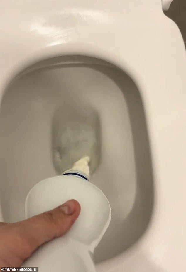 Another TikTok video published yesterday captured one woman emptying her bottle of Arla into the toilet before flushing it Another TikTok video published yesterday captured one woman emptying her bottle of Arla into the toilet before flushing it