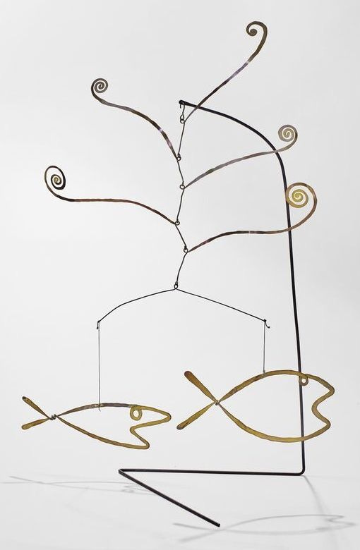 This may contain: an artistic sculpture made out of wire and metal with two fish hanging from it's sides