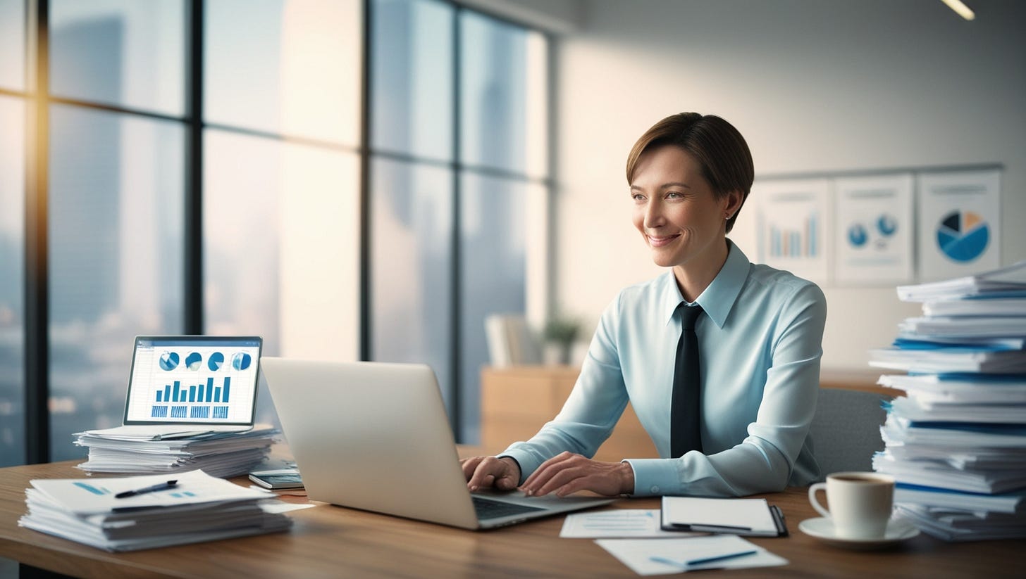 A professional financial analyst, likely in their 30s with short, neat brown hair and a kind face, sitting at a clutter-free wooden desk with a slight smile, concentrating on a spreadsheet on their laptop screen, surrounded by stacks of financial reports, charts, and graphs in a modern, minimalist office with a floor-to-ceiling window providing a subtle blurred background of a cityscape, lit by soft, warm, natural light, with a cup of steaming coffee and a few scattered notes and pens nearby, wearing a crisp, light-blue button-down shirt with a slim black tie and a pair of glasses perched on the end of their nose, conveying a sense of expertise and attention to detail.