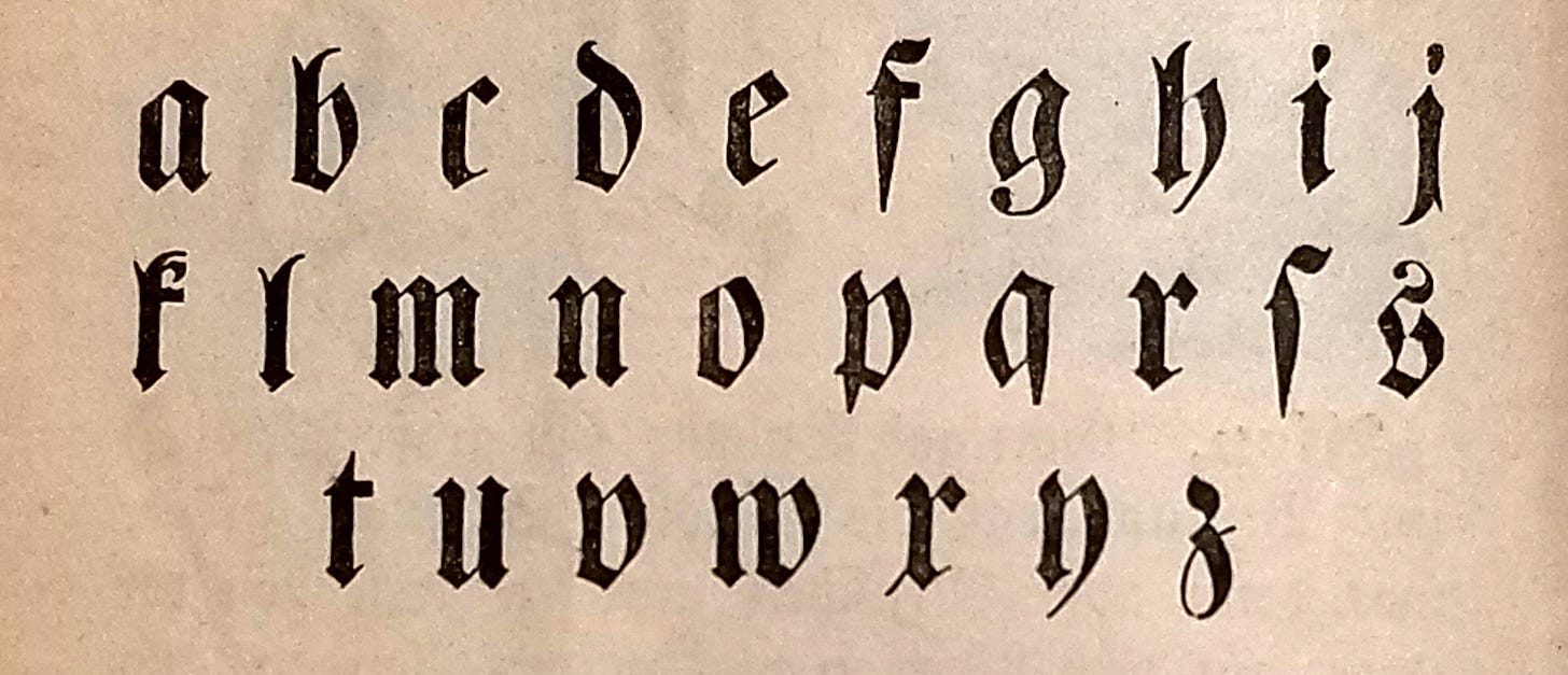 A lowercase alphabet printed in blackletter font