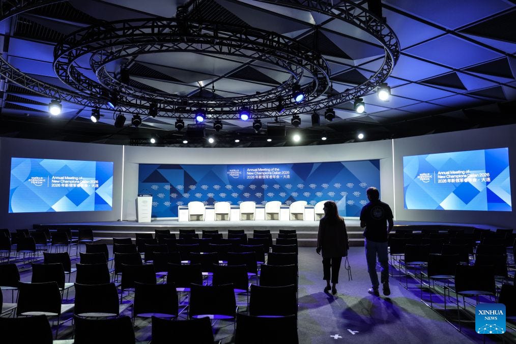 2026 Summer Davos (Annual Meeting of the New Champions) venue setup in Dalian, June 23–25, 2026