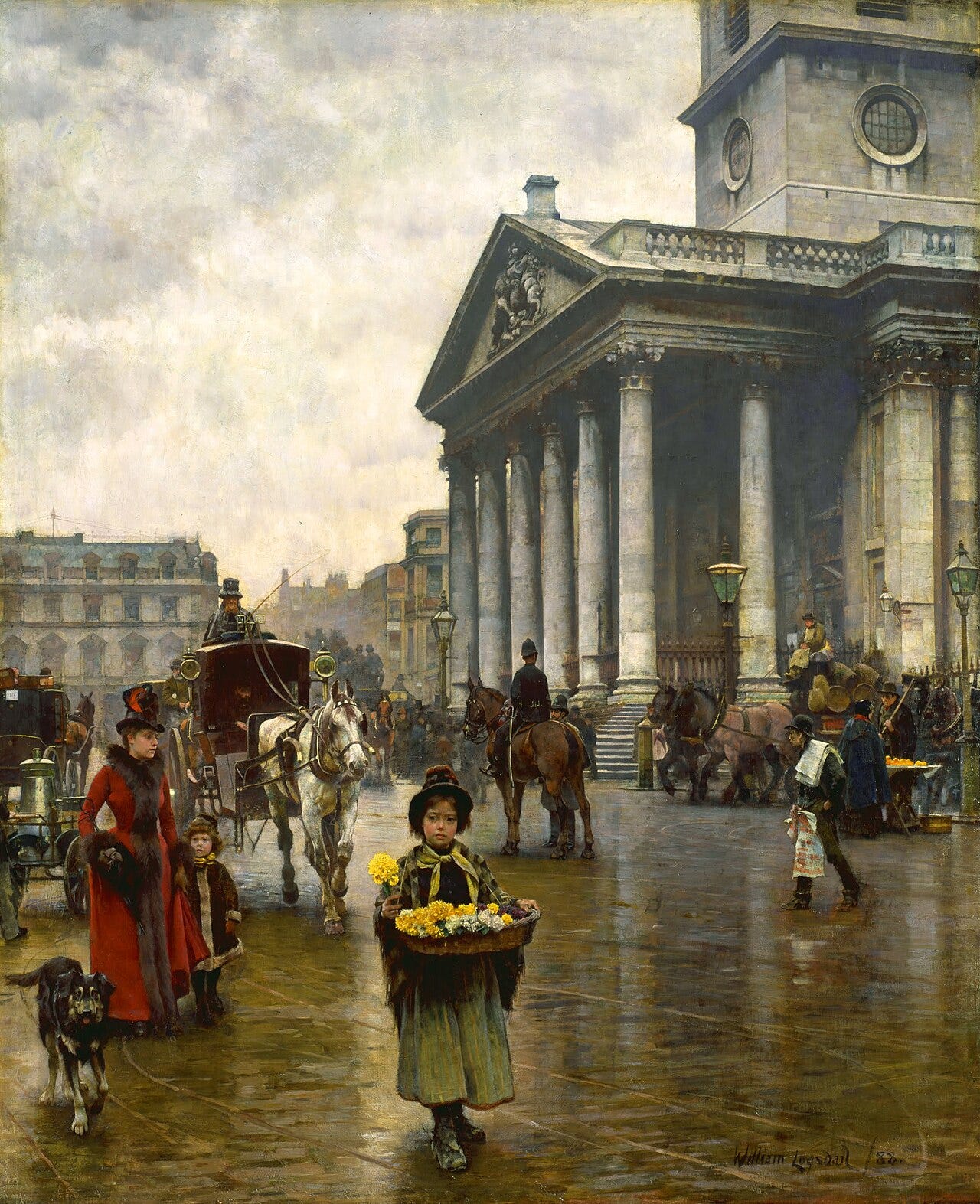 A young girl selling flowers in the street in front of the church of St Martin in the Fields, with a crowd of passersby around her A young girl selling flowers in the street in front of the church of St Martin in the Fields, with a crowd of passersby around her