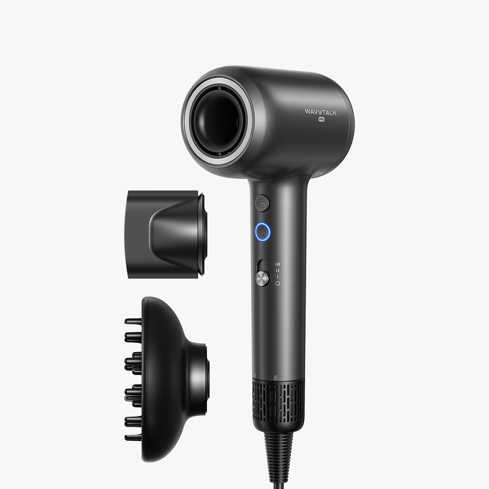 Gray Turblow Pro hair dryer with attachments on a white background Gray Turblow Pro hair dryer with attachments on a white background