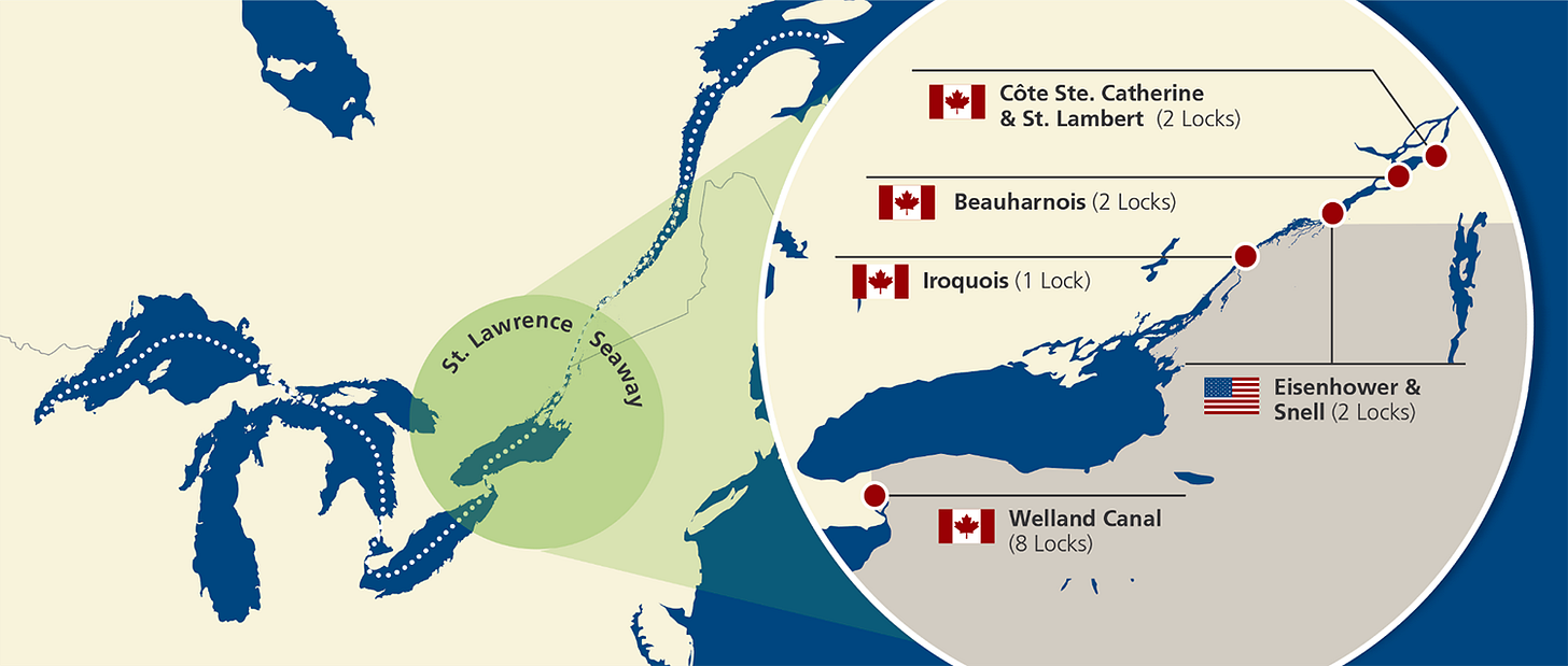 The Seaway locks in relation to eastern North America