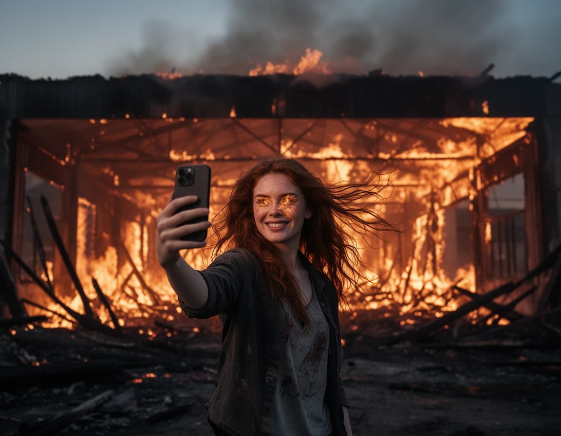 Arsonist starting a structure fire while taking a selfie of herself