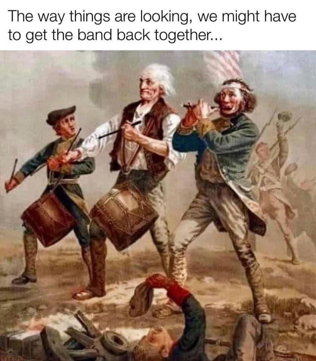 May be an image of 3 people and text that says 'The way things are looking, we might have to get the band back together...'