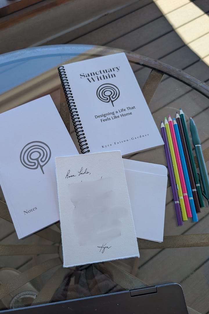 Images of the contents of a packaged labeled "Women at the Edge of the Woods." The package is sealed with a red wax seal. Inside there are colored pencils, a journal and a spiral-bound workbook.