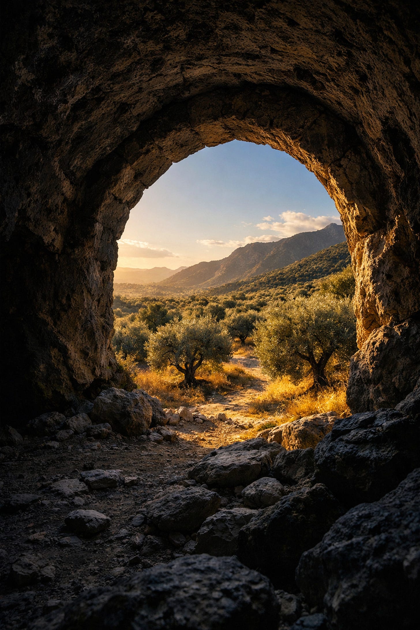 A view from a dark stone archway into a sun-drenched valley, representing the transition to Resurrection hope | Dr. Marcus Peter