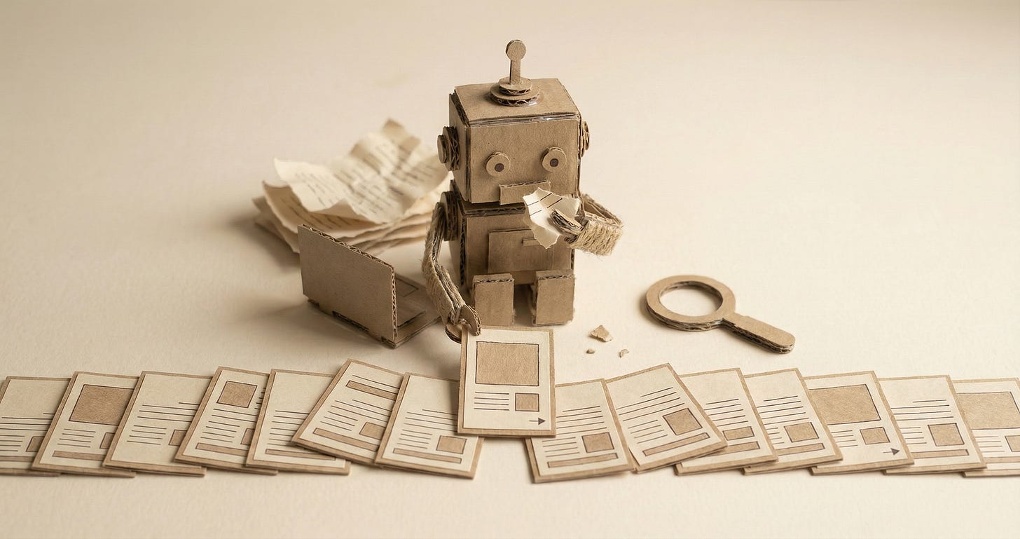 Wide papercraft hero image of a cardboard robot at a desk exploring paper search results.