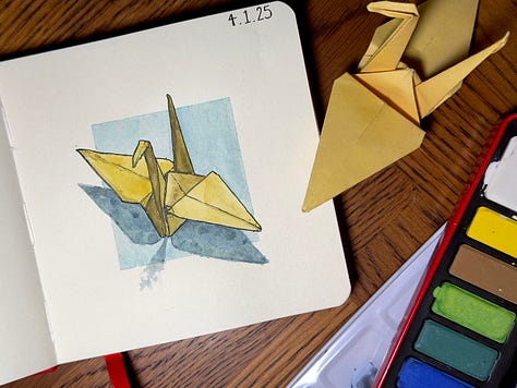 Black pen outline drawings painted with water colour.