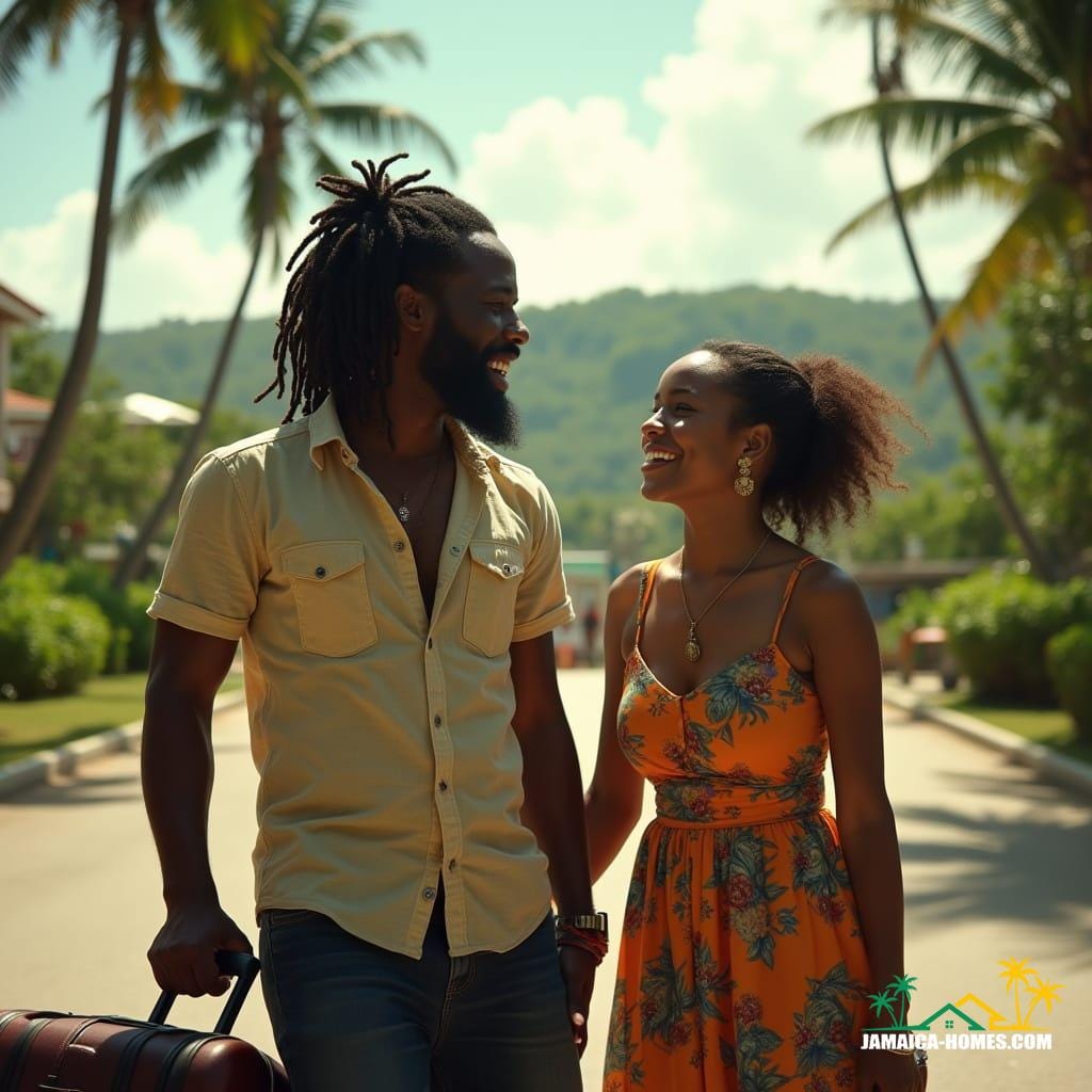 Couple arriving in Jamaica, capturing the joy and emotion of coming home.