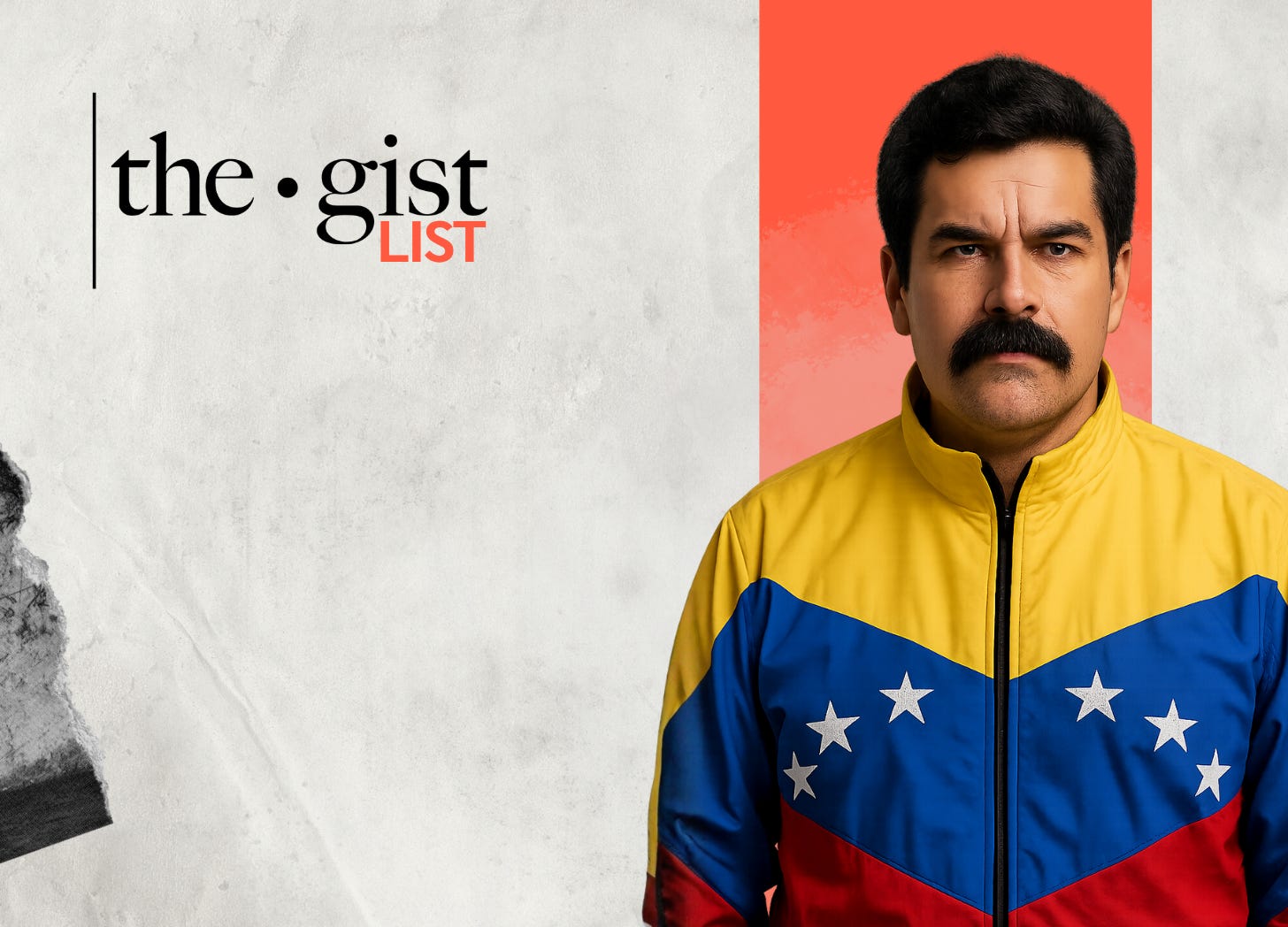A Venezuelan man with a push broom mustache wearing a Venezuelan flag jacket, symbolizing the country’s defensive stance after the Nobel Prize announcement.