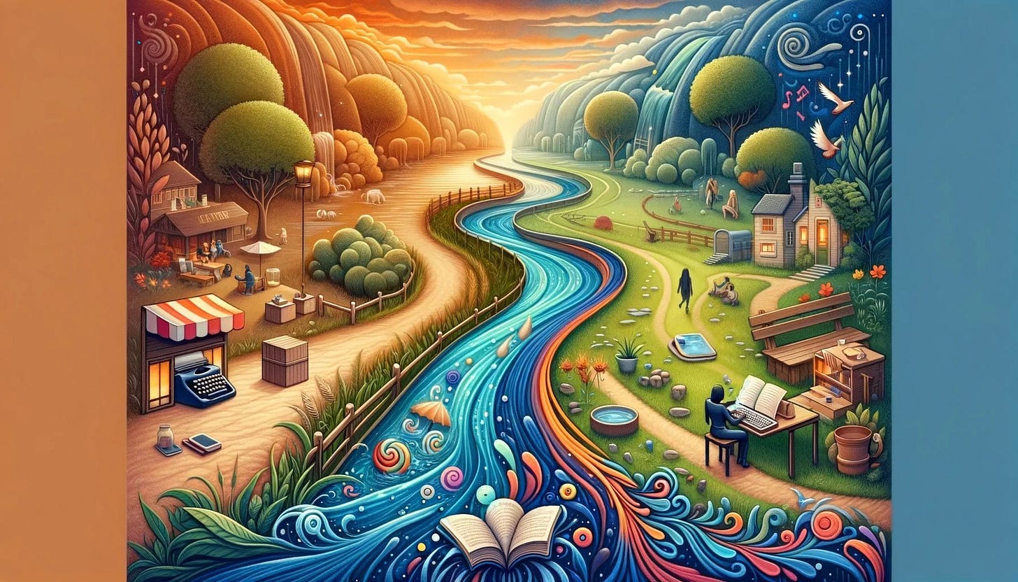 This image shows three parallel streams representing the different aspects of life: Professional, Creative, and Personal, with the Professional stream splitting to indicate day job and solopreneur roles.