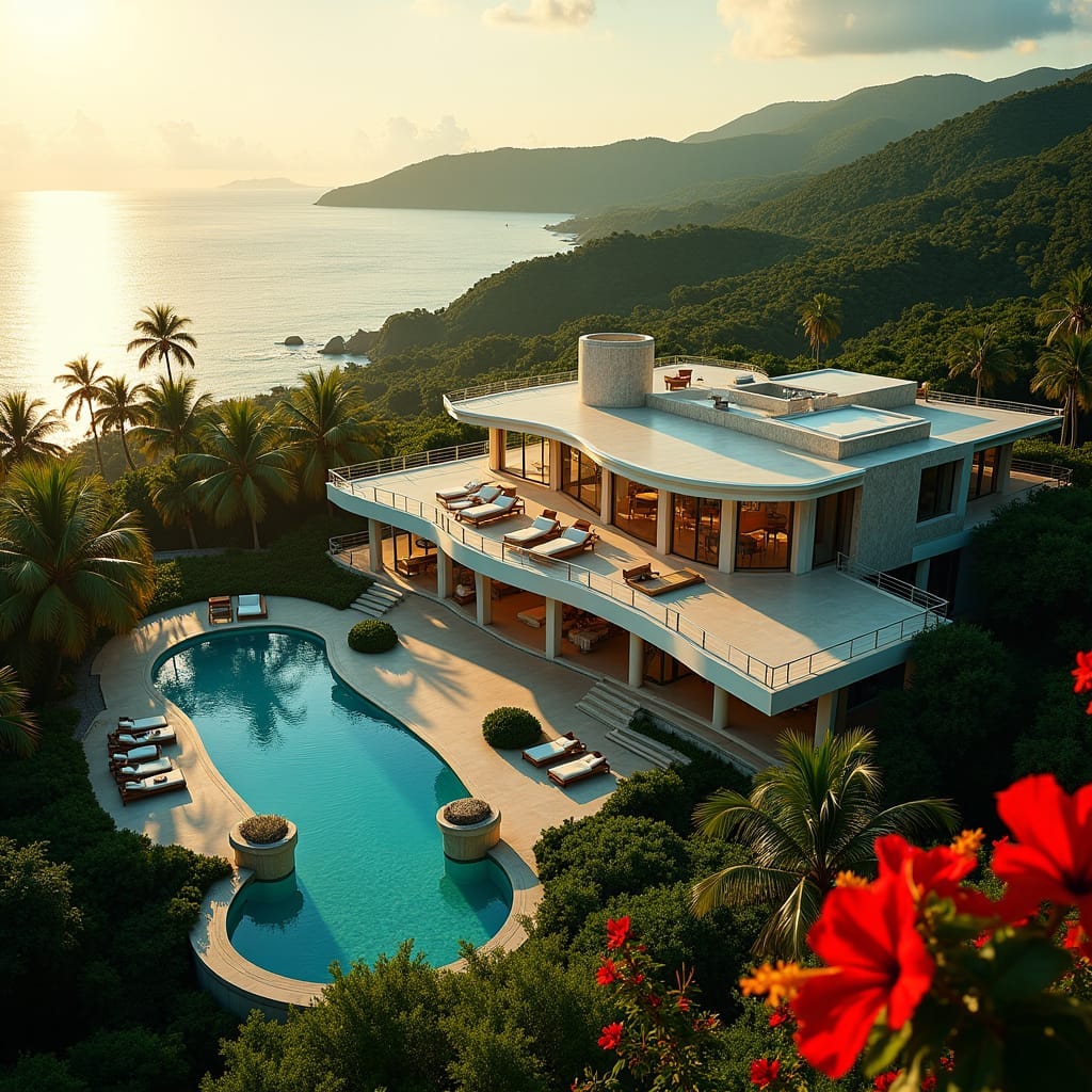 Grandiose mega mansion in Jamaica, sprawling across lush tropical hills, surrounded by swaying palm trees and vibrant hibiscus flowers, with a turquoise ocean glinting in the distance. The mansion's sleek, modern architecture is adorned with ornate details, reflecting the warm, golden light of a setting sun.