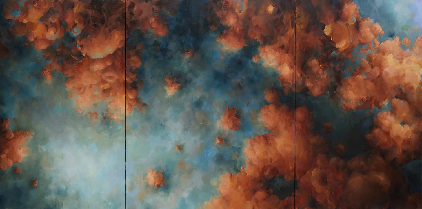 A widescreen format painting with broad brush strokes with abstract shapes that resemble a dim cloudscape, with predominantly mid and deep blues, burnt orange, and earth-tone browns. A widescreen format painting with broad brush strokes with abstract shapes that resemble a dim cloudscape, with predominantly mid and deep blues, burnt orange, and earth-tone browns.