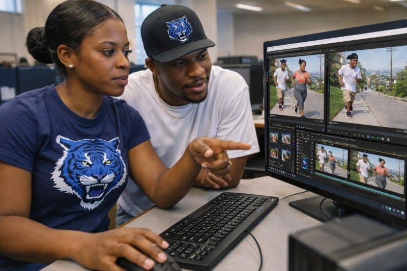 Black woman and Black man college student with Blue Tiger shirt and cap on discussing and editing video footage in a computer lab.