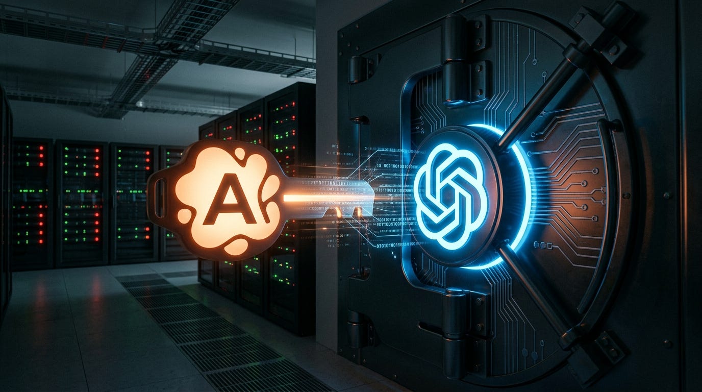 Hình ảnh kỹ thuật số mô tả logo Anthropic Claude rực rỡ đang mở khóa một cánh cửa vòm bảo mật có gắn logo OpenAI trong một phòng máy chủ tối.
