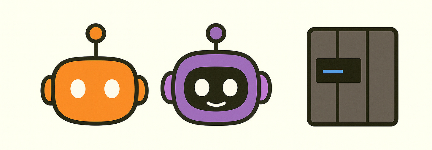 Three cartoon bot icons: an orange robot head, a purple robot head, and a gray rectangular bot resembling TARS.