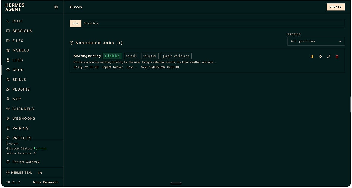 A scheduled recurring job listed in the hosted Hermes dashboard A scheduled recurring job listed in the hosted Hermes dashboard