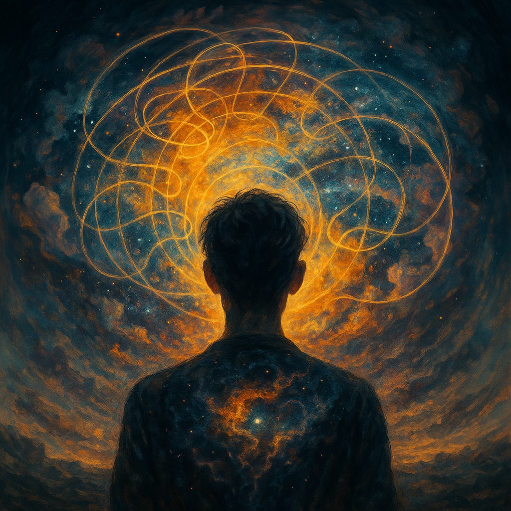 A silhouetted human figure stands before a swirling field of golden loops and cosmic clouds, representing consciousness interacting with the universe through recognition loops. A silhouetted human figure stands before a swirling field of golden loops and cosmic clouds, representing consciousness interacting with the universe through recognition loops.
