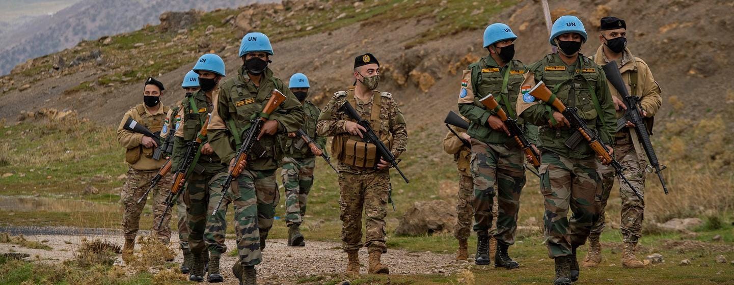 UNIFIL Indian peacekeepers on foot patrol with Lebanese Armed Forces (LAF) along the Blue Line in south Lebanon.
