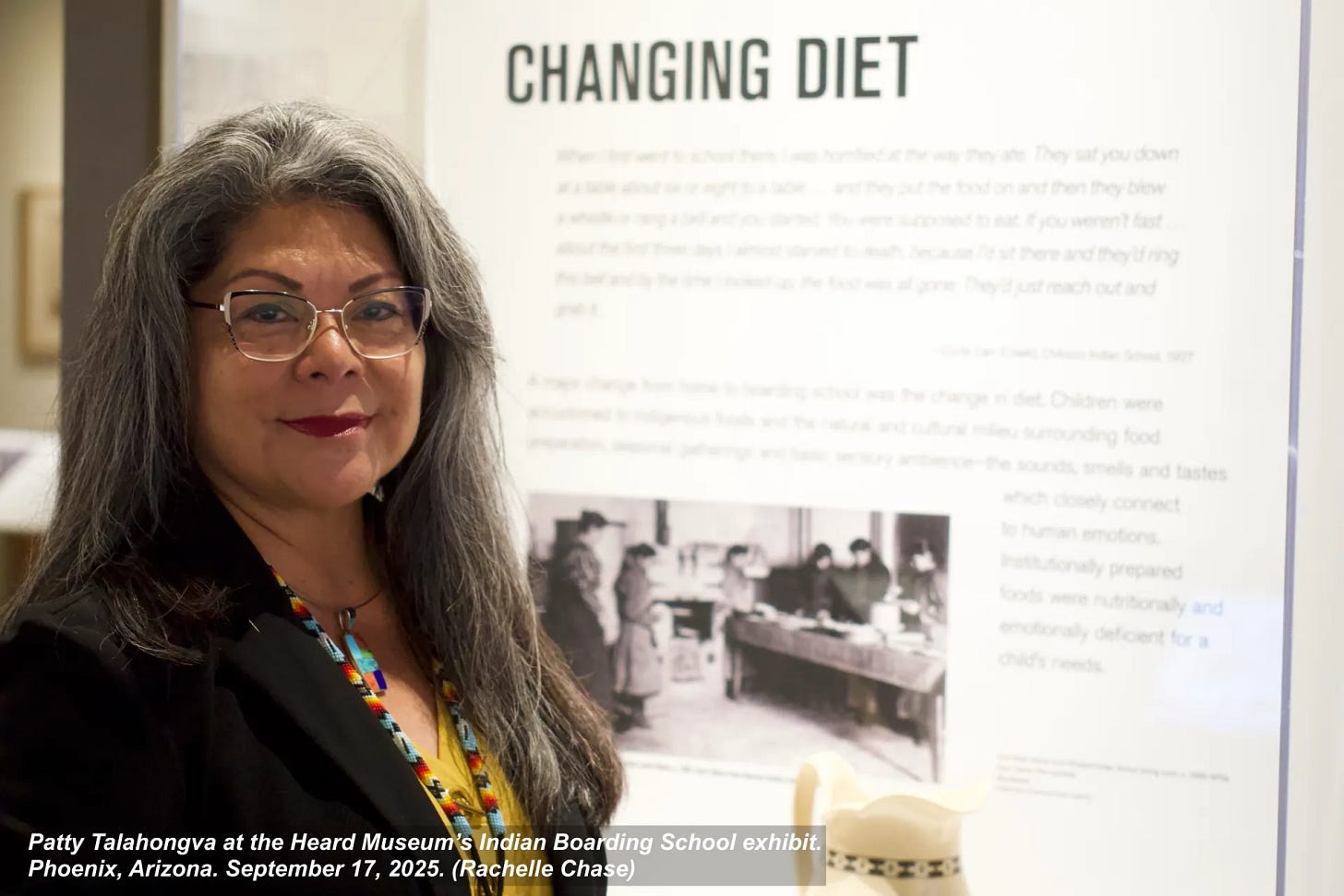 Patty Talahongva at the Heard Museum's Away From Home: American Indian Boarding School Stories exhibit. (Rachelle Chase | Community Sentinel)
