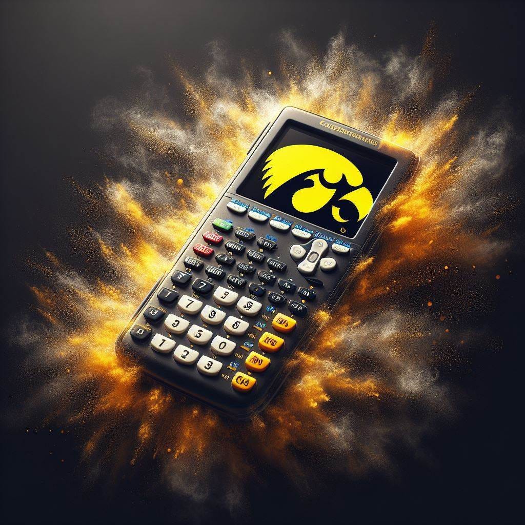 A TI-83 calculator with the Iowa Hawkeyes logo displayed, digital art