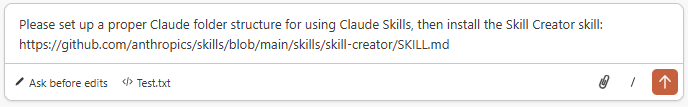 Claude Code chat prompt instructing setup of a proper skills folder structure and installation of the Skill Creator skill via GitHub for MCP workflows
