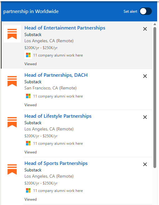 LinkedIn job listings for Substack head of partnerships roles in entertainment sports lifestyle and tech