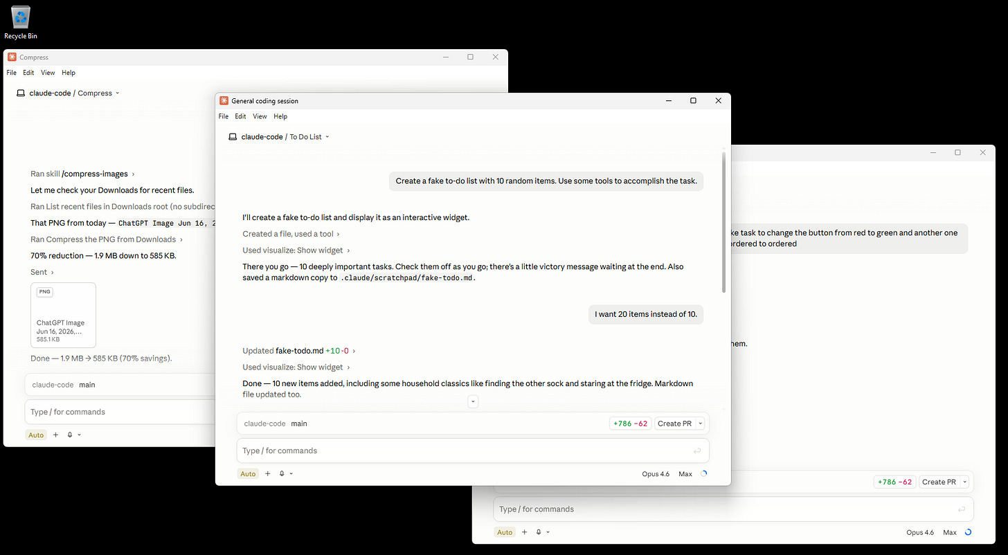 Three overlapping Claude Desktop windows open at once — Compress, General coding session, and a nested To Do List popup. Three overlapping Claude Desktop windows open at once — Compress, General coding session, and a nested To Do List popup.