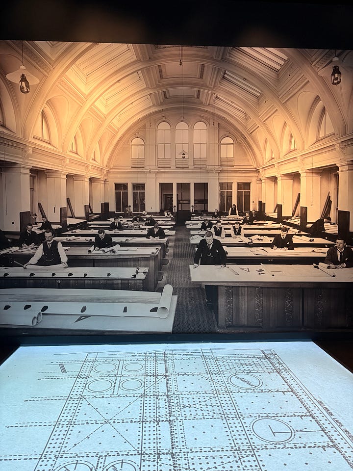 On the left - Draftsmen at work in the Harland & Wolff drawing office in the early 1900s, photographed by Robert Welch, the shipyard's official photographer (as displayed at Titanic Belfast). On the right - The drawing office today, now a bar in the Titanic Hotel.
