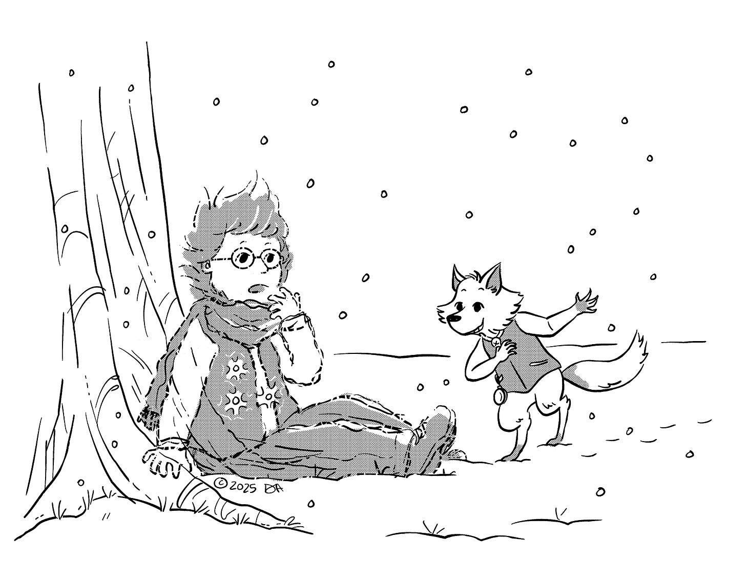 An illustration showing a little ghost meeting a little Arctic fox.