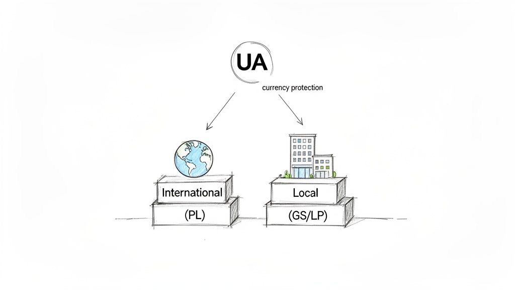Diagram illustrating UA's currency protection strategy for international (PL) and local (GS/LP) operations.