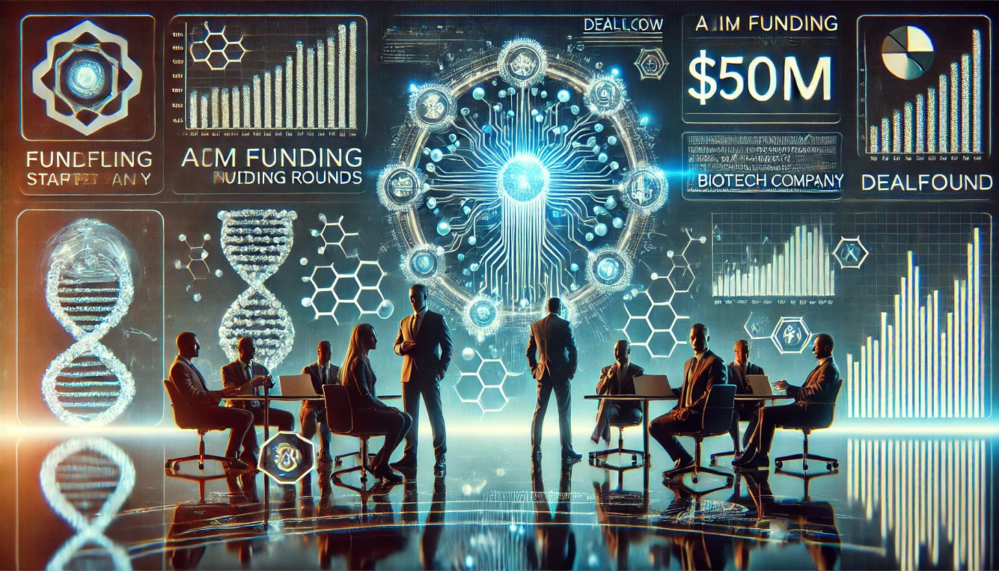 A futuristic horizontal image showcasing AI-driven biotech investment. The image features a high-tech financial dashboard displaying investment data, funding rounds, and deeptech startup analytics. Investors in business attire discuss dealflow insights, while a glowing holographic interface highlights a $50M funding milestone for an AI-powered biotech company. The background features a sleek innovation hub with digital financial charts, molecular structures, and AI-driven healthcare analytics.