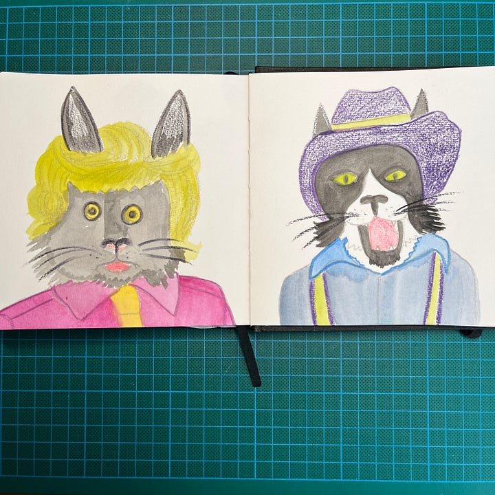 Photos des deux doubles-pages des deux sketchbooks où j'ai fait 4 portraits de chats sur corps d'humains.