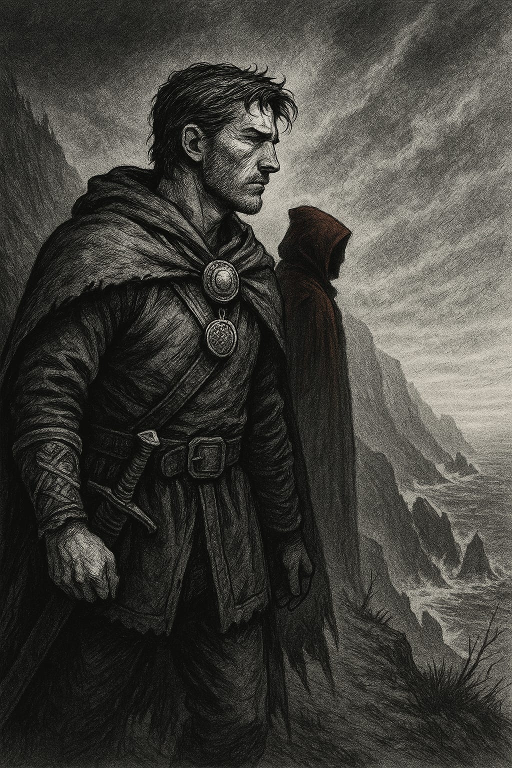 When waiting becomes a wound, a man turns toward the cliffs. Cael feels the medallion’s silence not as rest, but as judgment. And in the mist, a choice is drawn sharper than any blade.