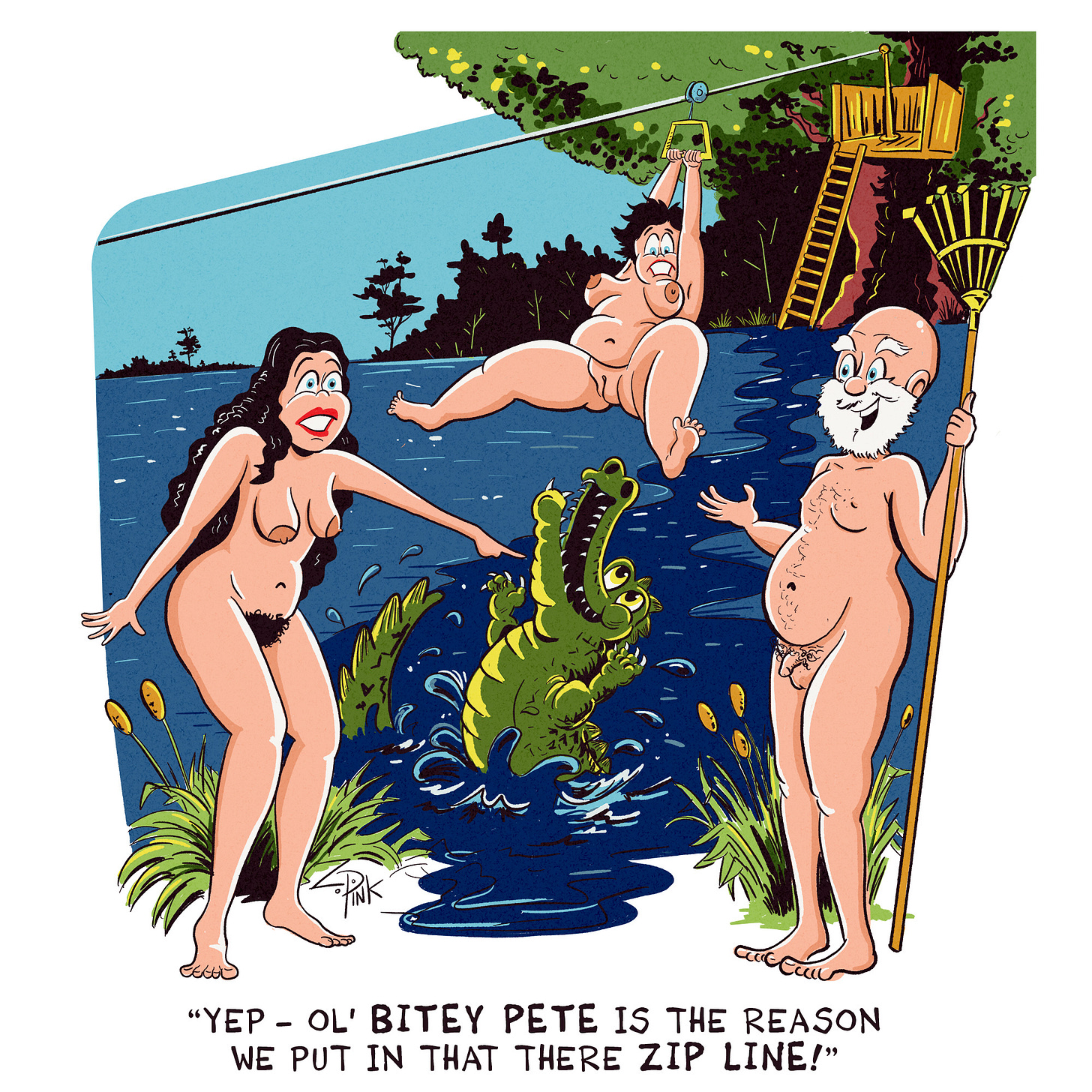 A woman is sliding down a zip line across a lake, looking panicked as a large alligator leaps out of the water attempting to attack her. Another woman and an older man are standing on the shore of the lake. One of the women is pointing excitedly at the alligator, while the older man is nonchalant about the whole affair. The man is speaking. The caption reads “Yep - Ol’ Bitey Pete is the reason we put in that there zip line!”