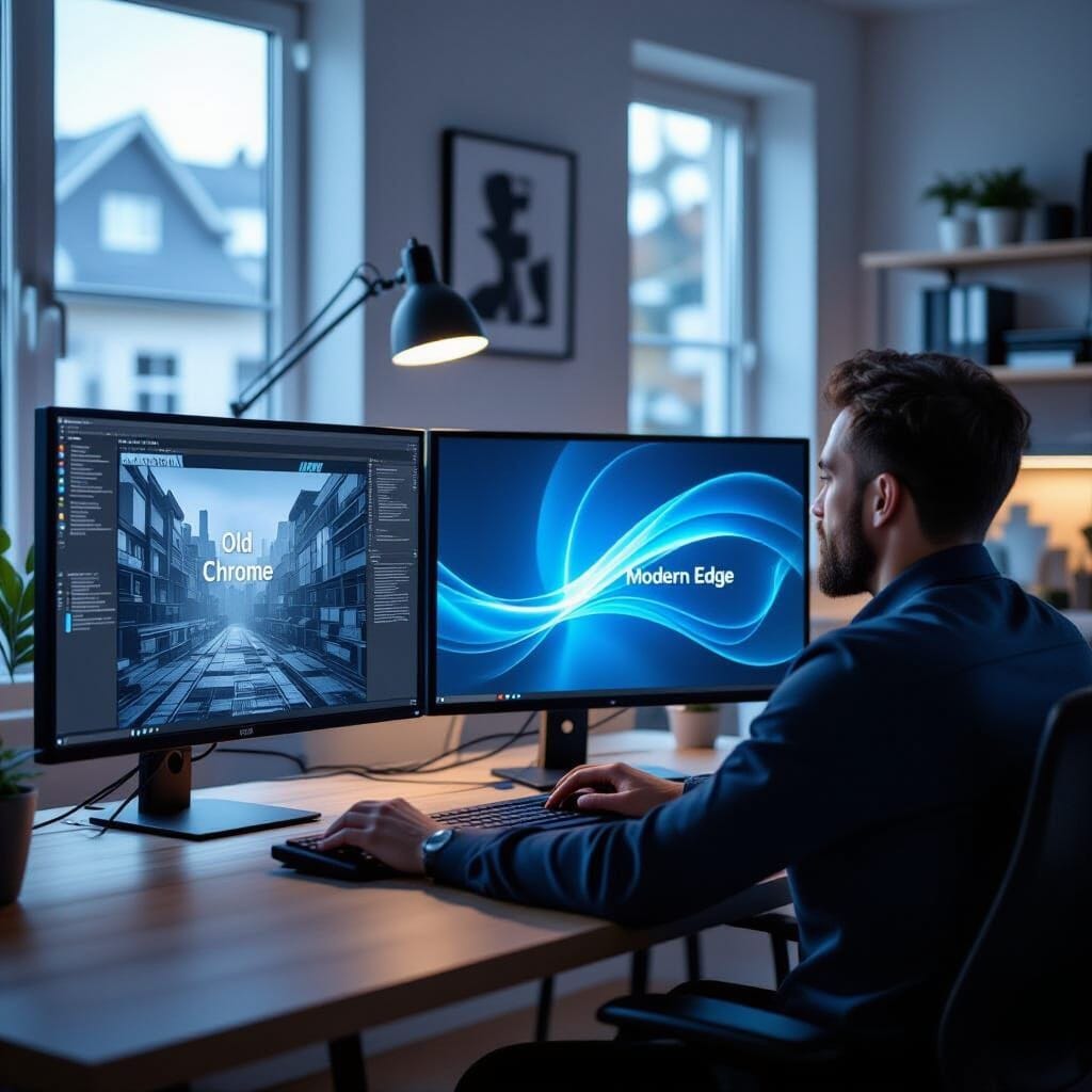 Cinematic, photorealistic shot. A tech professional sits at a dual-monitor desk in a dimly lit home office. The left mon... Cinematic, photorealistic shot. A tech professional sits at a dual-monitor desk in a dimly lit home office. The left mon...