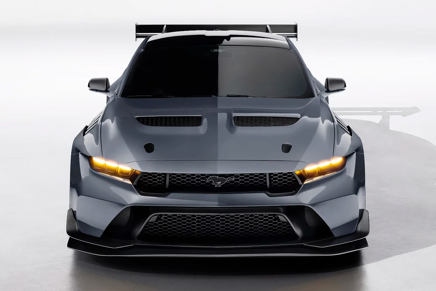 Front view of the 2025 Ford Mustang GTD taken in a photo studio.