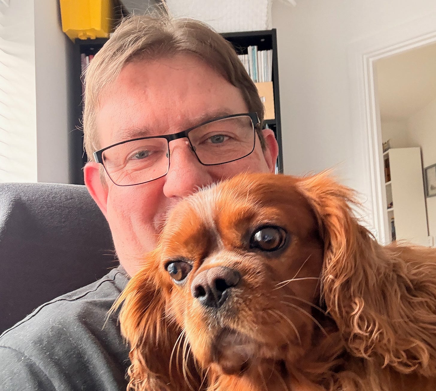 Author Paul Ian Clarke sitting at his desk with his ruby Cavalier King Charles Spaniel writing companion, Hank, reflecting the warm, personal rhythm behind the Sacred & Secular daily reflections.