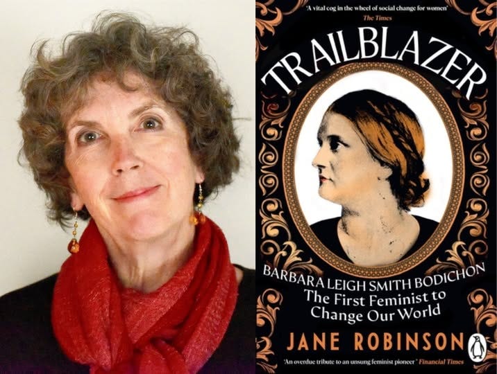 A portrait photograph of author Jane Robinson, alongside the cover of her book, Trailblazer.