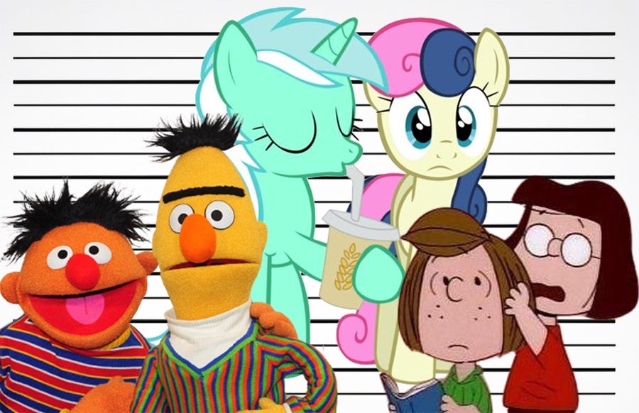 A police lineup with Ernie and Bert (Sesame Street) Lyra and Bon Bon (My Little Pony) and Peppermint Patty and Marcie (Peanuts) A police lineup with Ernie and Bert (Sesame Street) Lyra and Bon Bon (My Little Pony) and Peppermint Patty and Marcie (Peanuts)