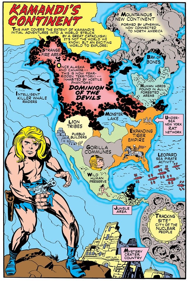 A colorful comic map titled "Kamandi's Continent," showing various imaginatively-named regions and illustrated with a blond, muscular character holding a gun in the foreground.