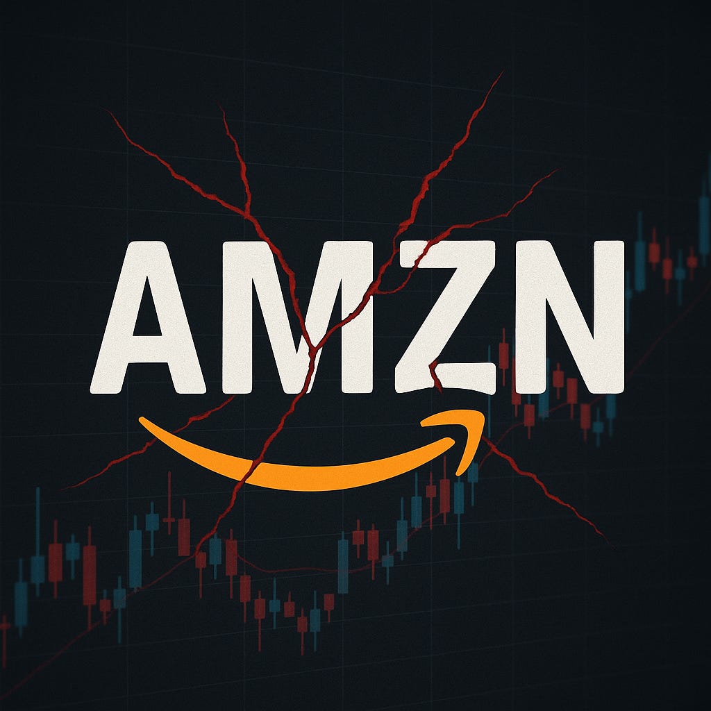 Amazon logo over candlestick stock chart showing downward trend, symbolizing valuation pressure and investment risk. Amazon logo over candlestick stock chart showing downward trend, symbolizing valuation pressure and investment risk.
