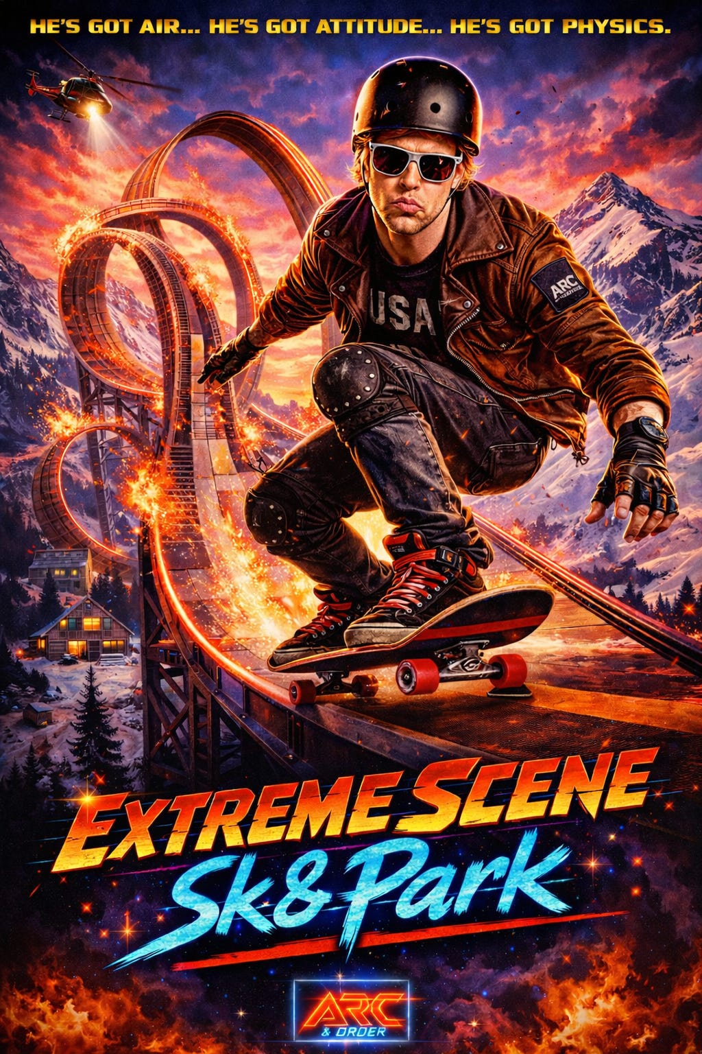 A parody action-movie poster titled Extreme Scene: Sk8 Park. A sunglasses-wearing skateboarder in a helmet races down an impossibly dangerous skate park built into a massive mountain roller coaster filled with loops, steep drops, and flaming track sections. Snow-covered peaks and a dramatic sunset form the backdrop, while the tagline at the top reads, “He’s Got Air… He’s Got Attitude… He’s Got Physics.” The over-the-top design humorously promotes a fictional physics-themed stunt movie inspired by extreme sports and projectile motion. A parody action-movie poster titled Extreme Scene: Sk8 Park. A sunglasses-wearing skateboarder in a helmet races down an impossibly dangerous skate park built into a massive mountain roller coaster filled with loops, steep drops, and flaming track sections. Snow-covered peaks and a dramatic sunset form the backdrop, while the tagline at the top reads, “He’s Got Air… He’s Got Attitude… He’s Got Physics.” The over-the-top design humorously promotes a fictional physics-themed stunt movie inspired by extreme sports and projectile motion.