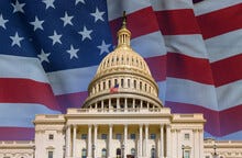 Washington DC Capitol US Congress With Waving American Flag
