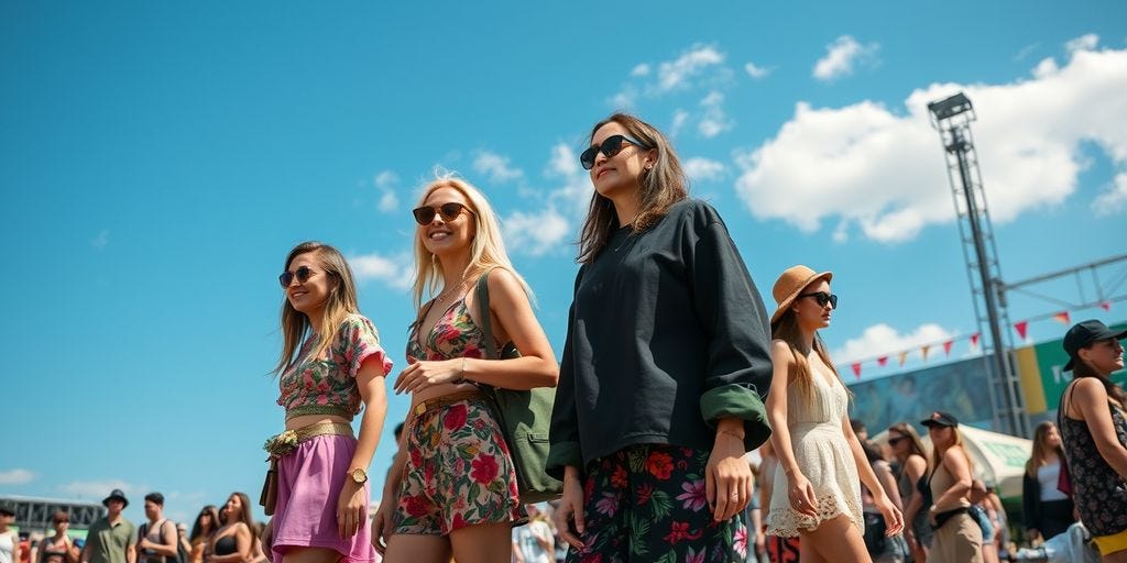 Festival-goers in colorful, sustainable outfits enjoying a sunny day.
